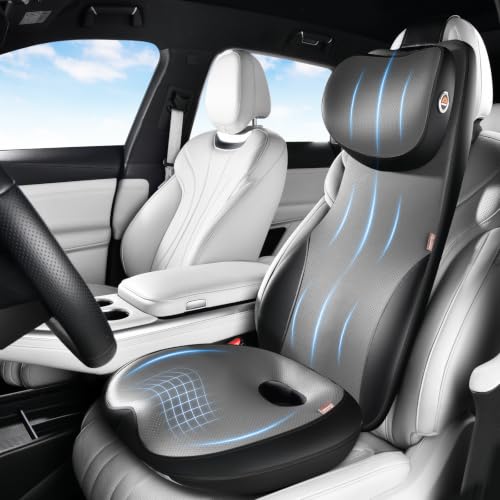 Image of Coverado Car Seat Cushion and One Piece Lumbar Support with Headrest Pillow, Ergonomic Memory Foam Car Back Support, Adjustable Velcro Design Car Neck Pillow, Sciatica Back Neck Pain Relief, Blackgray