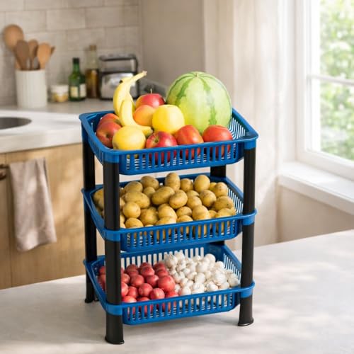 Image of Plastic Kitchen Rack, Multipurpose Vegetable & Fruit Storage Basket Organizer for Home, Pantry & Kitchen - Strong & Easy to Assemble (3 Layer, Blue)