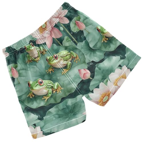 Pigsaly Boys' Swim Board Shorts Lotus Flowers Watercolor Green Frogs Boy's Swim Trunks Kids Swimwear 3T2