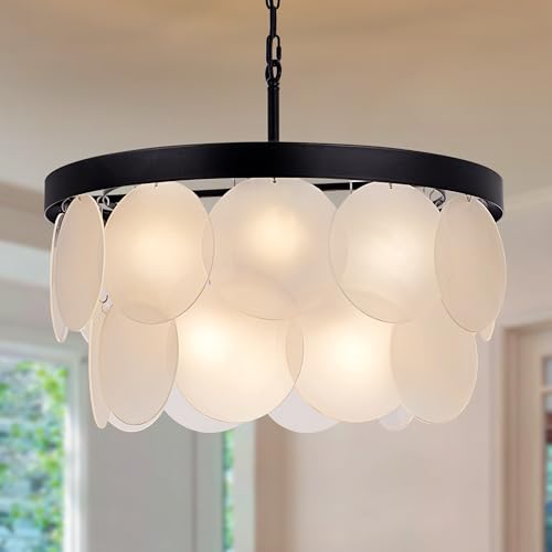 Wellmet Modern Glass Chandelier 22\", Black Farmhouse Chandeliers for Dining Rooms, Round Light Fixture with White Frosted Glass Shade for Kitchen Island, Living Room, Bedroom, Hallway
