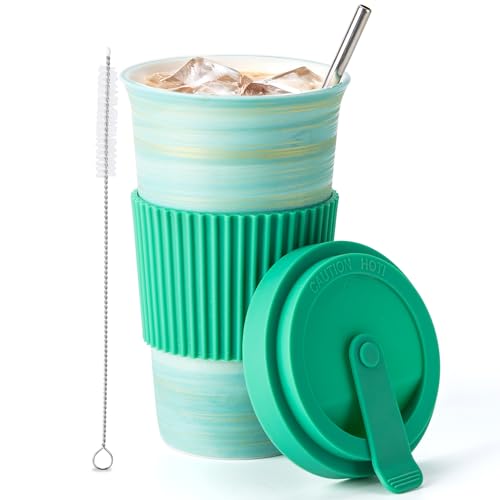 TIANNA VALLEY Travel Coffee Mug Light Green, Tasse à café en céramique avec couvercle et paille (15oz/450ml), Tasse de voyage fantaisie fabriquée à la...