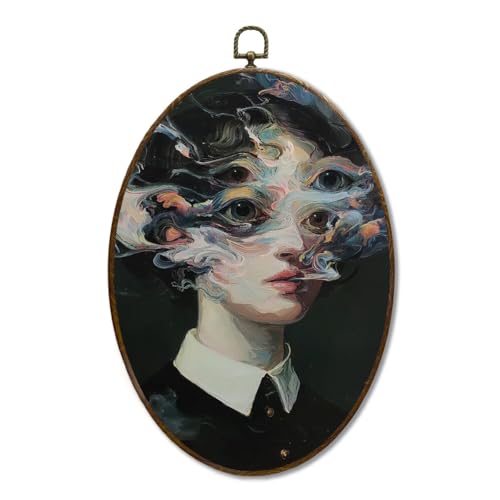 LMMHIOPI Dark Feminine Surreal Portrait Wall Art, Gothic Dark Academia Oval Canvas Wall Decor, Victorian Woman Trippy Painting, Moody Vintage Aesthetic Artwork for Bedroom Living Room, 8.5x11.5 Inch