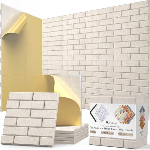 12Pack Acoustic Wall Panels, Self-Adhesive 3D Brick Pattern Sound Proof Panels for Walls, High Density Decorative Acoustic Foam Sound Proofing for Recording Studios, Offices, Home, 12"×12"×0.4", Camel