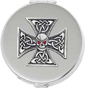 'Celtic Skull Iron Cross' Round Silver Pill Box/Compact Travel Case (Gift Box Edition)