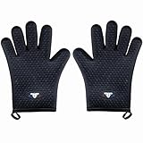 Freedom Flames Silicone Oven Mitt - Heat Resistant BBQ Gloves with Fingers for Grilling or Smoker Pit, Easy Clean Waterproof Heat Proof Grill Glove for Baking & Cooking (Black)