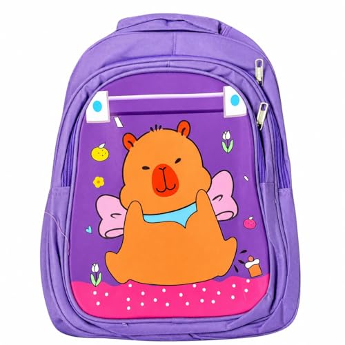 Kit Mochila Capybara Lilás Resistente à Água + Estojo Temático (Capybara ou Panda) com Adesivos e Bonecos Surpresa | Reforçada e Super Espaçosa (Lilás)