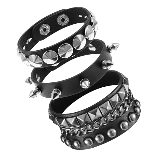 3 Pcs Punk Rock Studded Bracelets Set, Adjustable Leather Spiked Studded Bracelet Cuff Goth Bracelets, 80s Emo Bracelet for Men and Women Halloween Emo Accessories