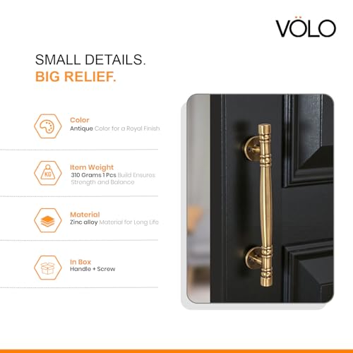 Image of VOLO Main Door Pull Push Handle | Premium Finish, Strong Grip Entrance Door Handle for Home Office Wooden Doors (Pack of 2 Pieces, Antique Brass, 8 Inch (200MM))
