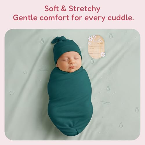 Image of Stretchy Swaddle Blanket for Newborns with Hat & Hello World Card-Soft Baby Swaddles 0-3 Months,47 inchx 47 inchSupersoft Swaddle Blanket,Receiving Blanket for Boys & Girls (Emerald)