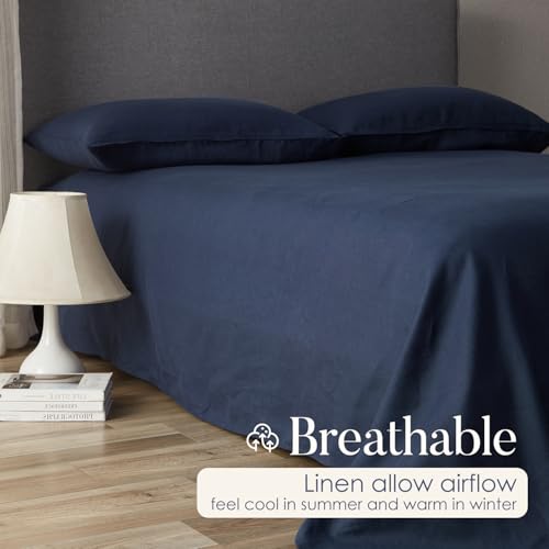 DAPU Pure Linen Sheets Set, 100% French Linen from Normandy, Breathable and Durable for Hot Sleepers, 4 Pcs Set - 1 Flat Sheet, 1 Fitted Sheet, 2 Pillowcases (Navy Blue, Queen)
