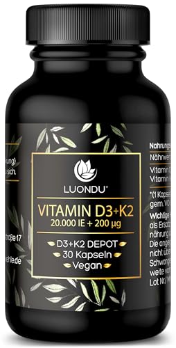 Luondu Vitamin D3 20.000 I.E + Vitamin K2 MK7 200 mcg Depot (30 Kapseln Hochdosiert & Vegan) Vitamin D3 K2 Kapseln hochdosier