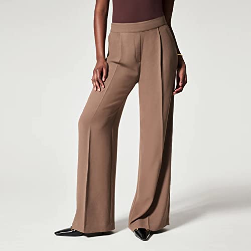 Crepe Pleated Pants for Women Casual High Waisted Wide Leg Pants Plus Size Soft Stretch Palazzo Pants Work Office Trousers Elegant Straight Leg Pant with Pockets Summer Elastic Waisted Slacks A-Brown