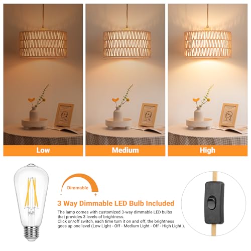 Boho Hanging Lights Rattan Hanging Lamp Plug in Pendant Light Ceiling Light Fixture, 3-Way Dimmable Bulb Included - Image 4