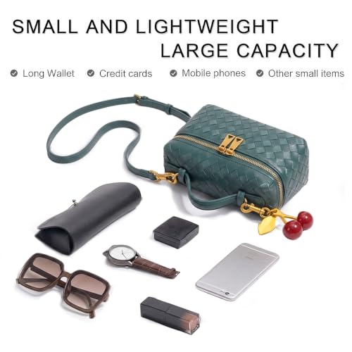 Image of Small Woven Box Crossbody Bags for Women Designer Leather Mini Top Handle Clutch Purse Square Vanity Bag with Cherry Charm