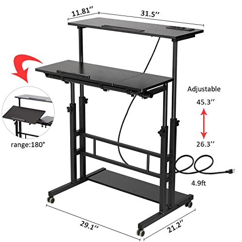 Image of Hadulcet Stand Up Desk, Rolling Desk Adjustable Height, Mobile Standing Desk with Wheels & Charging Station, Portable Stand for Laptop, Rolling Computer Cart TV Tray, Small Standing Desk Drawing Table