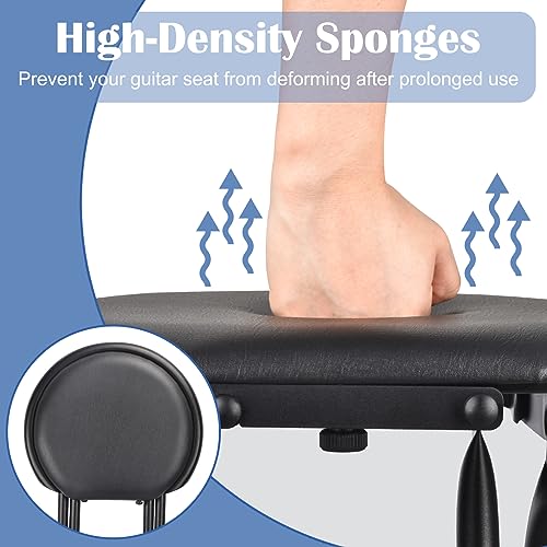 Guitar Stool Seat, Foldable Guitar Chair with Guitar Hanger, Guitar Seat with Padded Cushion, Ergonomic Backrest and Folding Guitar Stand, Holds Acoustic/Electric Guitars, Portable Stool for Stage