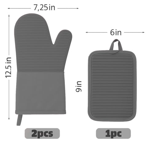Hot Pads Oven Mitts Heat Resistant to 500°F Waterproof and Non-Slip, Stain and Odor Resistant, Easy to Clean, Soft Lining, Hanging Loop for Storage(Silicone Gray Hot Pads)