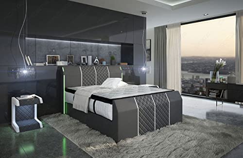 Sofa Dreams Boxspringbett Paris Bettgestell in Leder Stauraum LED Licht Hotelmatratze 140x200 160x200 180x200 200x200 200x220 (140 x 200 cm, Grau-Weiß)