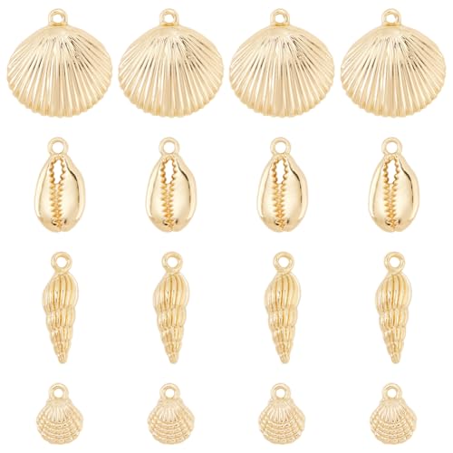 SUNNYCLUE 1 Box 24Pcs Sea Shells Charms Gold Cowrie Shells Bulk Summer Beach Ocean Sea Golden Shell Conch Scallop Charm for DIY Crafting Earrings Bracelets Necklaces Jewellery Making Supplies Adult