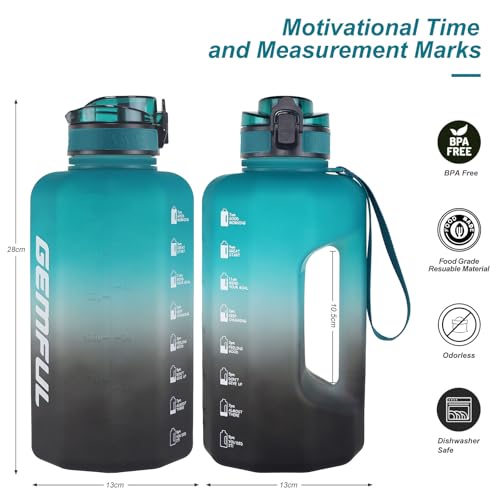 GEMFUL 2.2 Liter Trinkflasche Training Groß Gym Bottle mit Griff BPA Frei mit Zeitmarkierungen für Fitness Yoga Camping (grün schwarz)