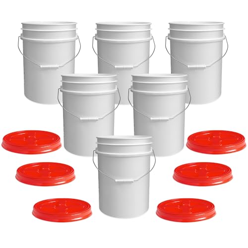 ePackageSupply 5 Gallon Bucket - Food Grade w/Lid BPA-Free, White/Red, 6
