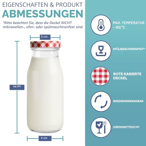 HEFTMAN Glas-Milchflaschen mit Deckel, leer, 250ml, Set mit 6 – Ansicht 2