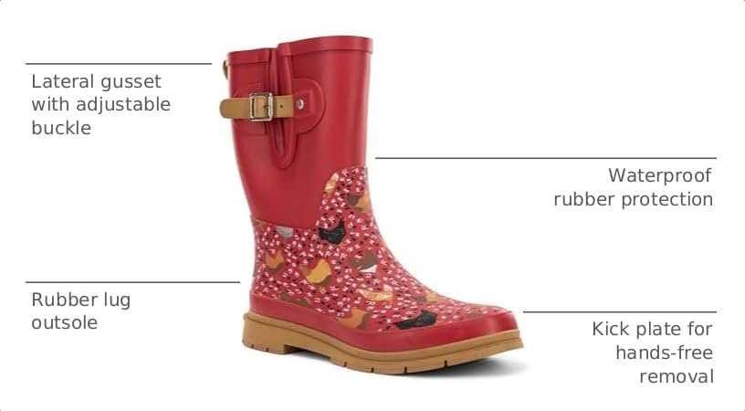 Image of Western Chief Women's Waterproof Mid Rain Boots | Ladies pull on mid rain boots with adjustable buckle, cushioned insole, and rubber outsole for wet weather and outdoor wear.
