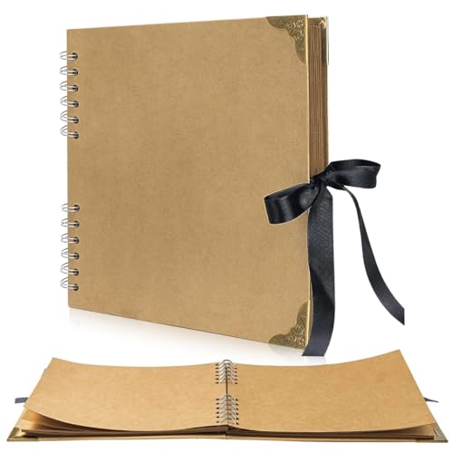 Image of HASTHIP DIY Scrapbook Album,8 inchx8 inch Thick Craft Paper Binder,60 Blank Pages with Ribbon Tie Closure,Photo Album for Baby Milestones,Art Scrapbook,Wedding,Birthday Memories,Gift Keepsake,Free Size,Brown