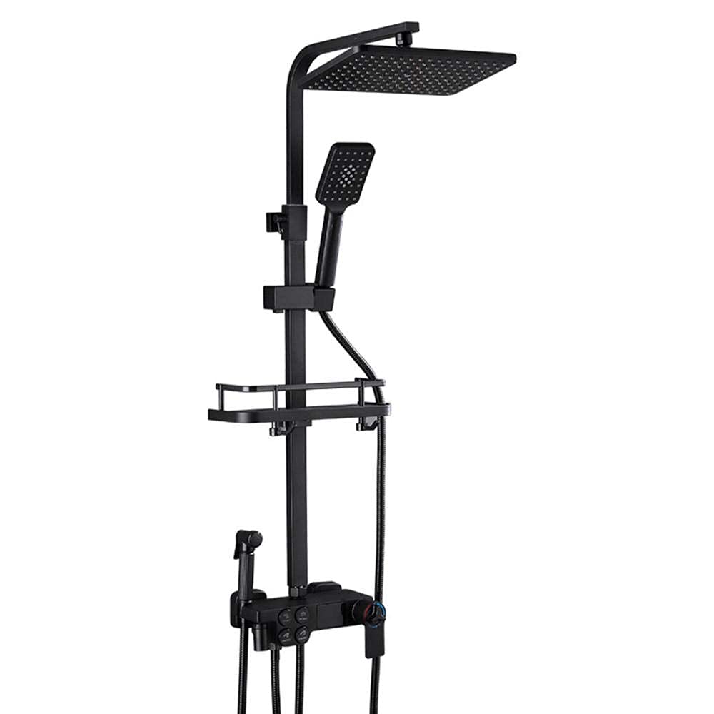 CWCQGH Black Bathroom Thermostatic Mixer Shower Set LED Screen 3 Modes Hand Shower Rectangular Rainfall Shower with Sprayer Bathroom Mixer Shower Faucet System
