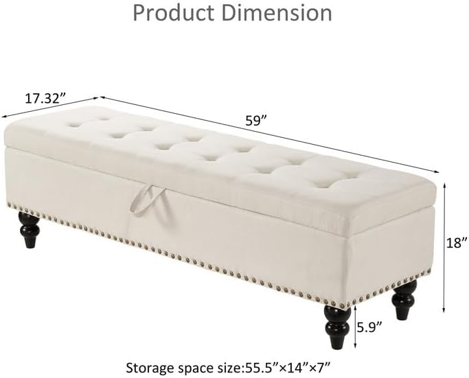 Diagram showing the dimensions of the LLS 59-inch Storage Ottoman Bench, including length, width, height, and internal storage space.