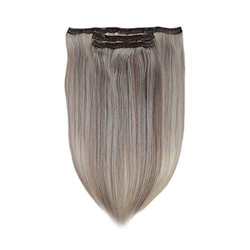 Lace Clip in Hair Extensions Real Remy Human Hair 3pieces 50grams #8/60 Ash Brown and Platinum Blonde Highlights Clip Hair 16 Inches Clip on Silky Straight Human Hair Extensions