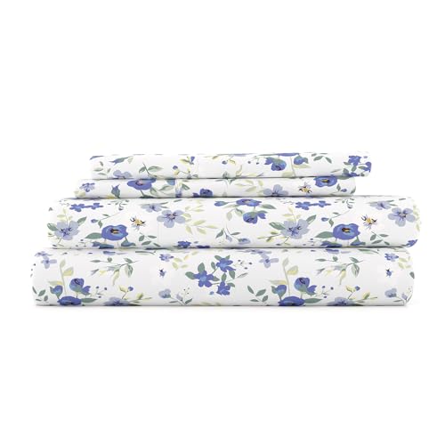 LINENS & HUTCH Sheet Set Patterned Microfiber Ultra Soft Bedding in Blossoms - Twin Blossoms Light Blue