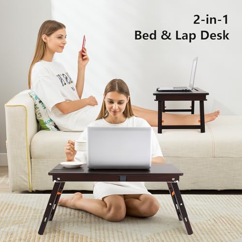 nnewvante laptop bed desk bamboo lap table with tablet slot height amp angle adjustable computer lap desk with drawer breakfast serving tray for bed floor black walnut