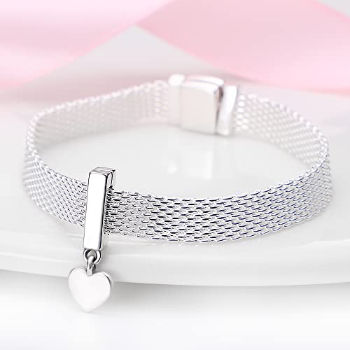 KUNSIR 925 Sterling Silver Clip-On Charm for Reflexions Mesh Bracelet Charm Bead fits Flat charm Bracelets Gift for Women（Heart Shape）2
