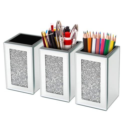 Pibeyer Desktop Mirrored Pencil Holder Cup and Pen Holder, Crush Diamond Office Stationery Organizer, Set of 3
