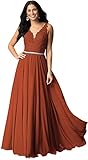 YMSHA Women's Burnt Orange Prom Dresses Long Ball Gown Lace V Neck Simple Aline Formal Gowns and Evening Dresses 10