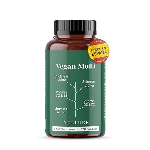 Nullure Multivitaminas Vegano All-in-One | 4 meses | Multivitaminas vegano formulado para dietas veganas | Con vitamina B12 vegana + vitamina D3 + K2 vegan + Hierro + Yodo + Zinc + Selenio y Colina
