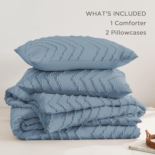 Image of Andency Greyish Blue California King Comforter Set, Boho Cal King Soft Warm Tufted Neutral Bedding Comforter Sets, 3 Pieces Cali King Aesthetic Chevron Farmhouse Cute Bohemian Textured Bedding Set
