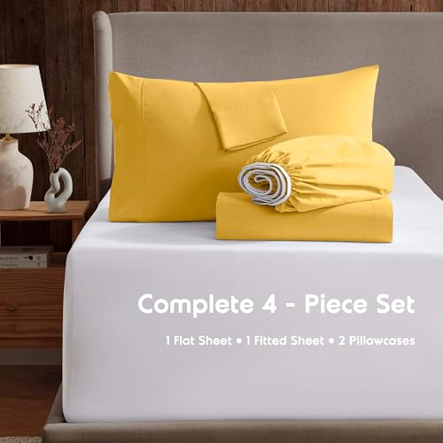 Image of Nestl Queen Bed Sheet Set - Yellow - 4-Piece Deep Pocket | Instantly Soft, Night-One Ready (No Wash Required). Fits 16-Inch Deep Pockets, 360-Degree Elastic Grip