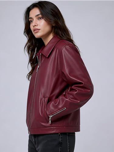 Image of Women's Faux Leather Jacket | Biker Motorcycle Jacket with Zip Front Closure, Classic Shirt Collar | Regular Fit Casual Winter Outerwear | Women's Fashionable Lightweight Leather