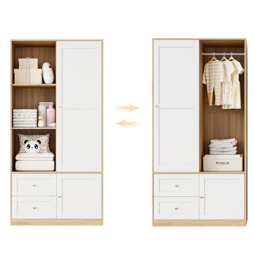 Armario de puerta corredera de 90 cm multifunción blanco y madera 7