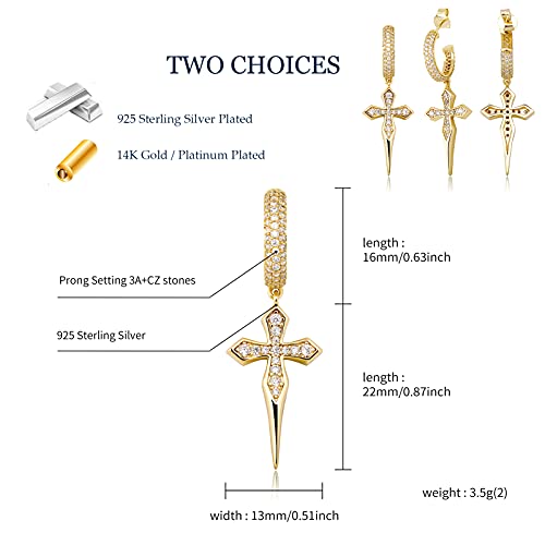 Topgrillz Long Cross Hypoallergenic Earring Dangle Pointed Drop 925 Sterling Silver Diamond Hoop Cross Earrings For Men Women Cz Stone Hiphop Fashion Jewelry - 925Gold #TOP1