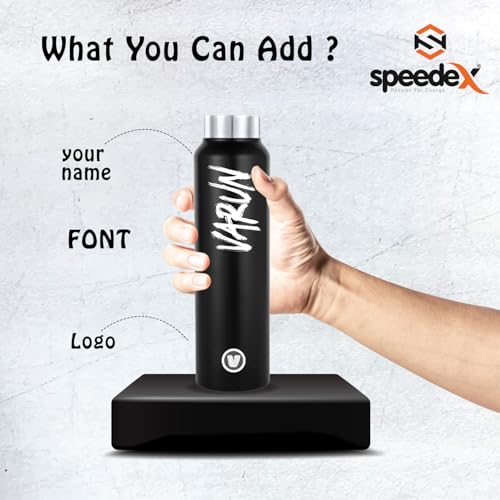 Image of Speedex Customised Stainless Steel Water Bottle 1 Ltr with Name - Personalised Engraved Screw Cap Bottle for Kids, Men & Women, School, Gym, Office Black, Set of 1