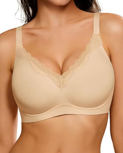 HORISUN Wireless No Underwire Bra for Women V-Neck Lace Trim Jelly Supportive Seamless Bra...