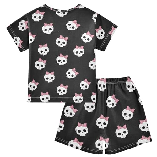 Pajama Short Sets Skull Pattern with Pink Bows Soft Cotton Summer Sleepwear 2 Piece PJS Size 5-14T2