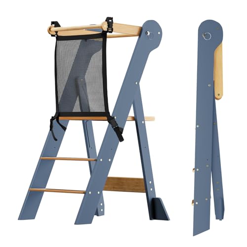 COSYLAND Torre de Aprendizaje Montessori Plegable – Altura Ajustable en 2 Niveles, para Niños de 18 Meses a 6 Años, Ideal para Cocina, Baño y Habitación Infantil - Azul Pizarra y Natural