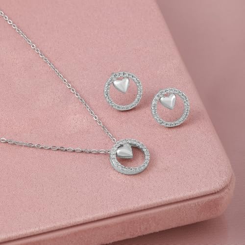Image of Rubans Necklace Set Heart American Diamond & Cubic Zirconia Studded Circle Charm Pendant Jewellery Gift for Women & Girls