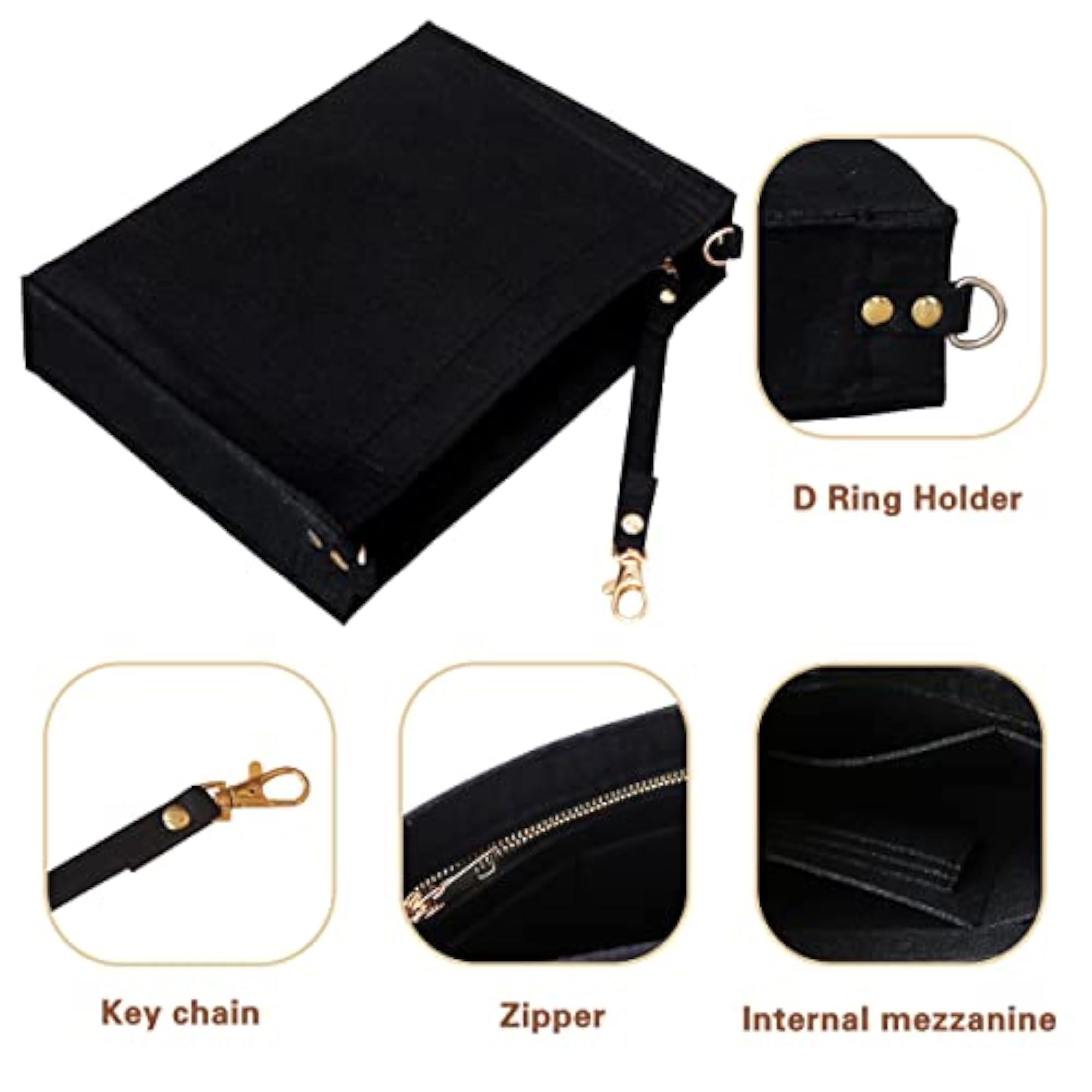 Felt Purse Insert Organizer with Zipper And Gold Buckles