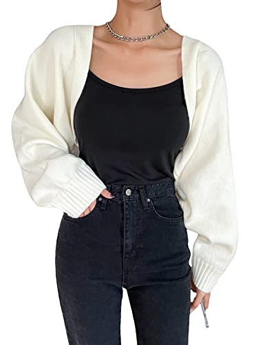 Verdusa Women's Casual Long Sleeve Open Front Crop Sweater Cardigan Bolero Shrug Cream White L #TOP4