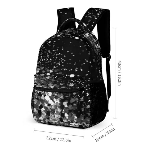Black White Glitter Printed Backpack With Lunch Pack Storage Box Case 3pcs Lightweight Travel Backpack2